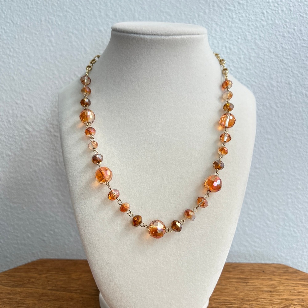 Faceted Glass Bead Necklace Amber Gold Tone Beaded AB‎ Iridescent Golden Hour